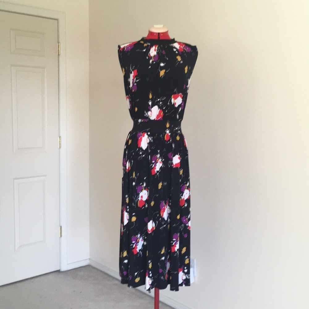 Long flowing black dress with floral print
